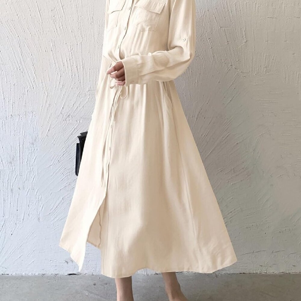 Women Midi Dress Long Sleeve Button Down Casual Tied Waist A-line - Picture 6 of 6